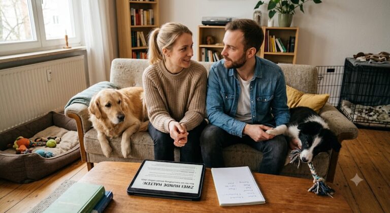 Ein Paar sitzt nachdenklich auf einem Sofa im Wohnzimmer und plant die Anschaffung eines zweiten Hundes. Neben der Frau liegt ein erwachsener Golden Retriever, während der Mann zu einem jungen Border Collie Welpen auf dem Boden herunterreicht. Auf dem Couchtisch im Vordergrund liegt ein Tablet mit der Überschrift „ZWEI HUNDE HALTEN: Was Sie vor Anschaffung wissen sollten 2026“ sowie ein Notizblock für die Kosten- und Zeitplanung. Im Hintergrund sind Hundekörbchen und eine Hundebox zu sehen.