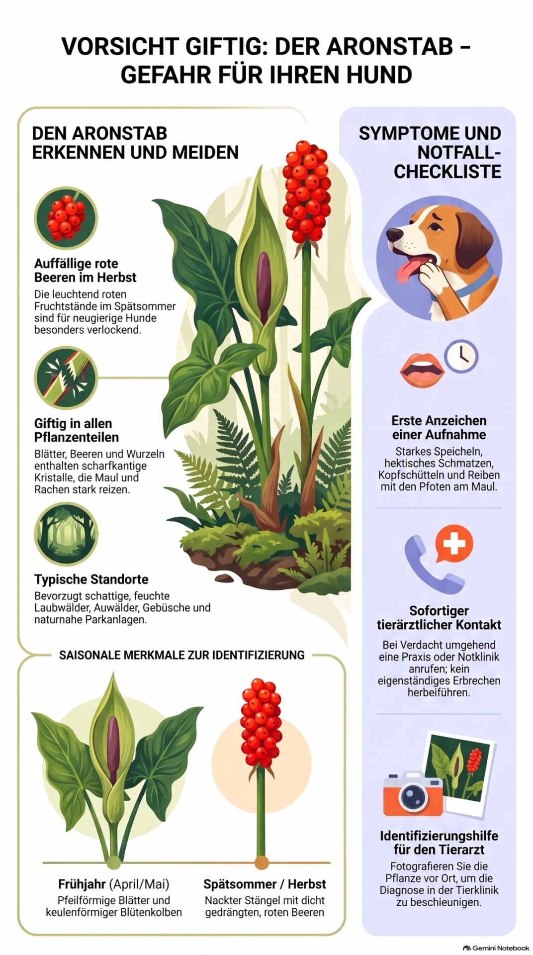 Aronstab: Giftgefahr für Hunde“ mit einer Übersicht zur Giftigkeit der Pflanze (Arum maculatum)