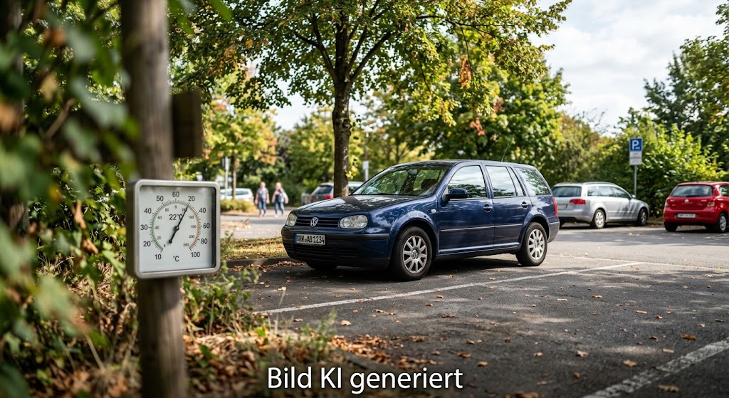 Geschlossenes Auto auf halb-schattigem Parkplatz im Spätsommer mit Thermometer 22 Grad