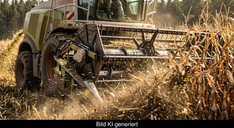 Mähdrescher im Erntebetrieb mit Staubwolke auf einem Getreidefeld