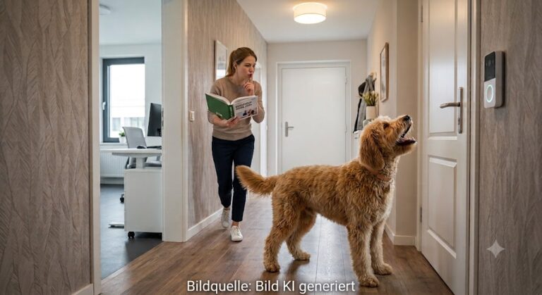 Eine Frau steht in einem Flur und legt den Zeigefinger an die Lippen, während sie ein Buch hält und einen Golden Doodle anschaut, der sie anbellt