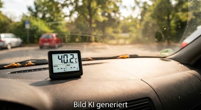 Innenraum-Thermometer eines Autos zeigt 40 Grad bei geschlossener Windschutzscheibe