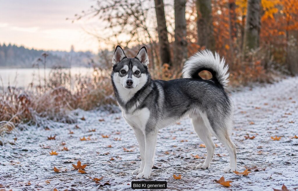 Schwarz-weißer Alaskan Klee Kai mit Gesichtsmaske und Ringelrute auf einem bereiften Waldweg im Herbst