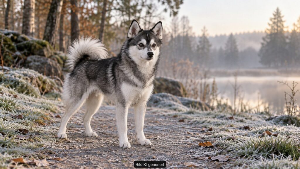 Grau-weißer Alaskan Klee Kai steht auf einem frostigen Weg an einem See