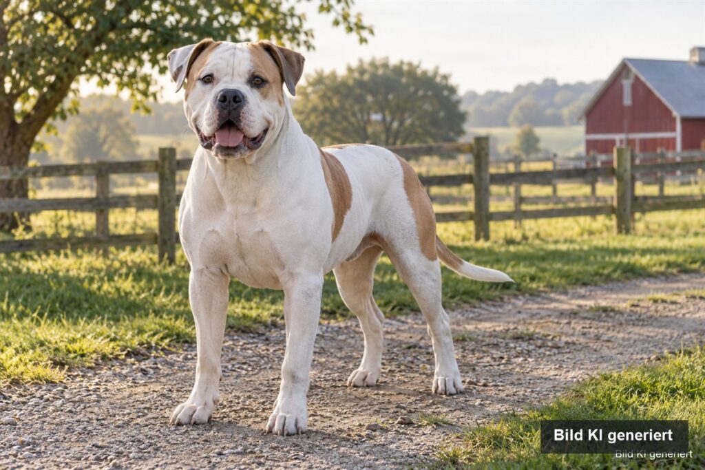 Ein American Bulldog steht an einem Farmgelände