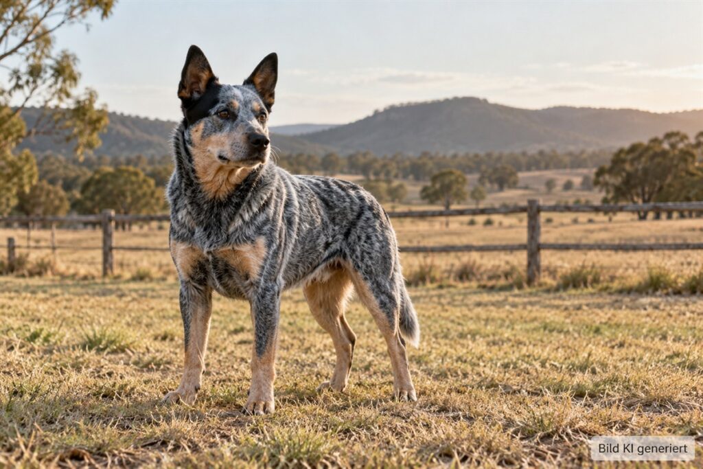 Australian Cattle Dog mit blau gesprenkeltem Fell auf einer Ranchwiese