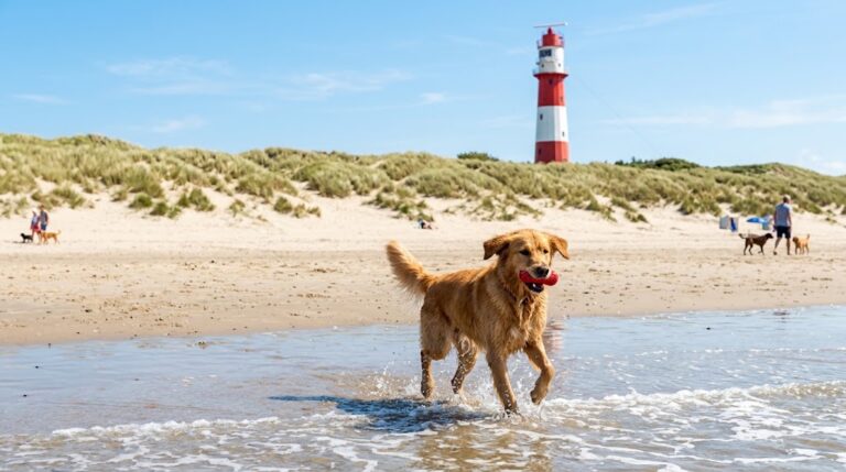 Es zeigt einen glücklichen Hund am weiten Sandstrand von Borkum mit Dünen und dem typischen Leuchtturm im Hintergrund bei sonnigem Wetter.