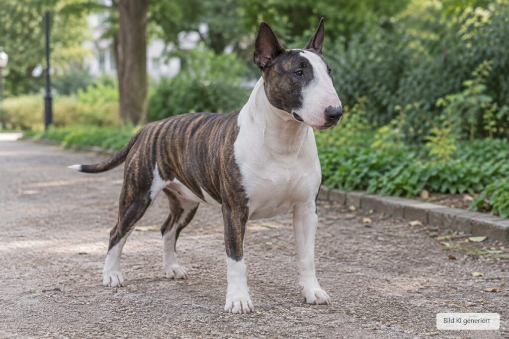 Ein getromter Bullterrier steht auf einem Kiesweg