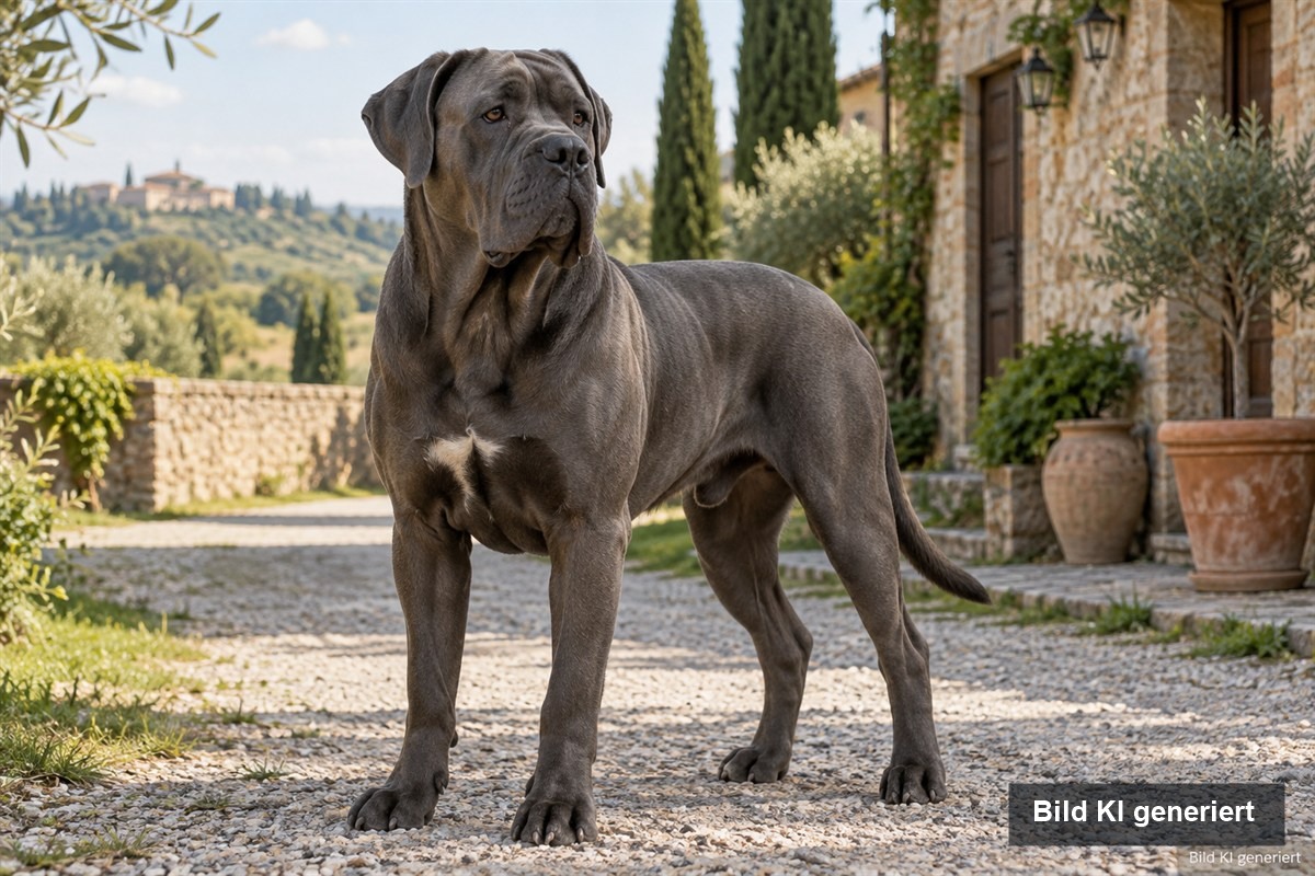 Ein Cane Corso steht draussen vor einem rustikalen Gebäude