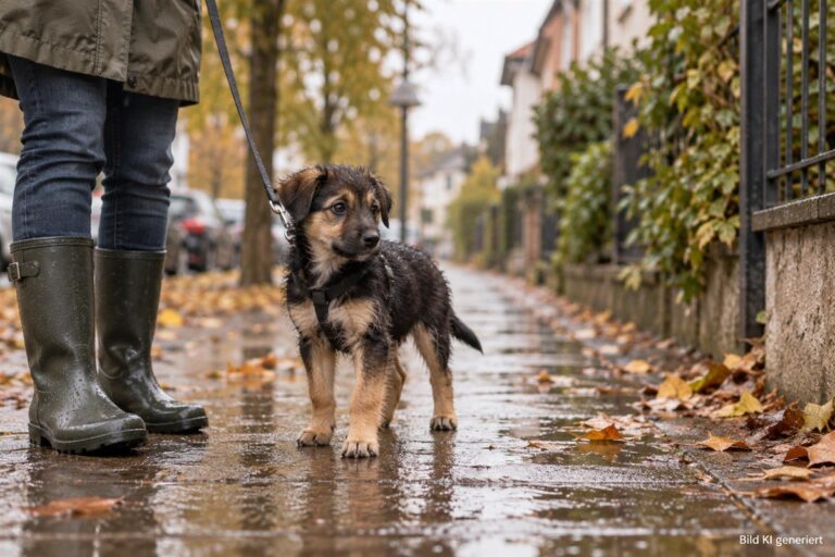 Welpe beim ersten Regenspaziergang auf nassem Herbstweg neben einer Halterin mit Gummistiefeln