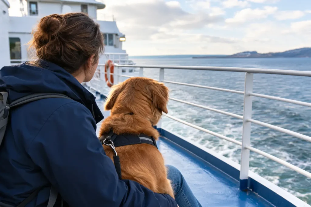 Ein Frau sitzt mit ihrem Hund auf einer Fähre