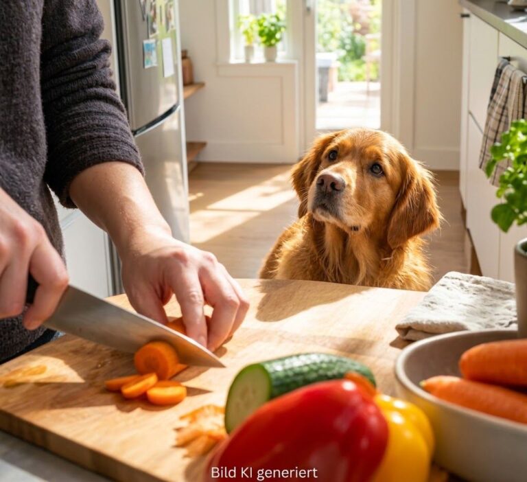 EIn Hund steht vor dem Küchentisch und schaut dem Menschen beim Schneiden einer Möhre zu