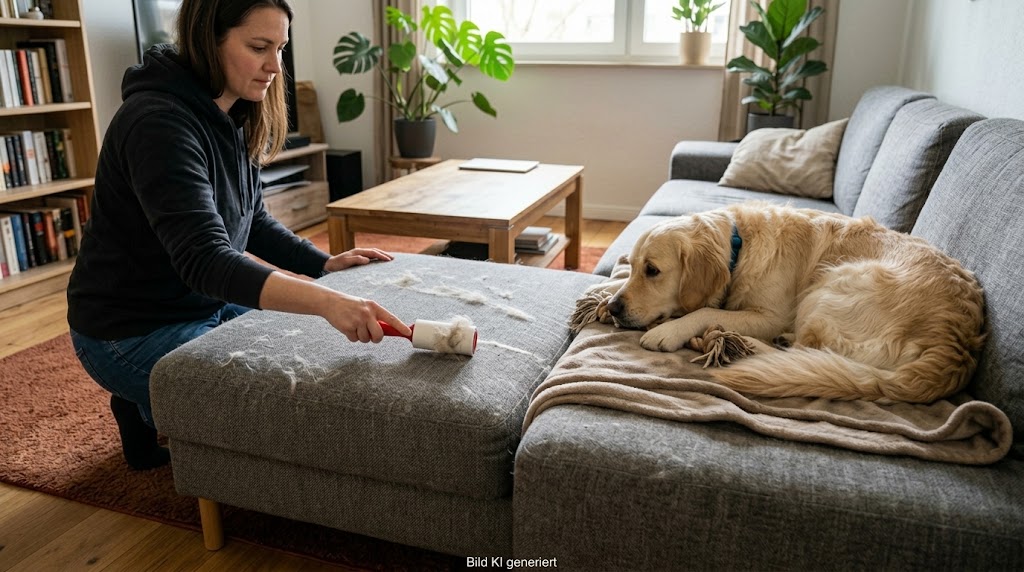 Ein Frau entfernt Hundehaare von der Couch