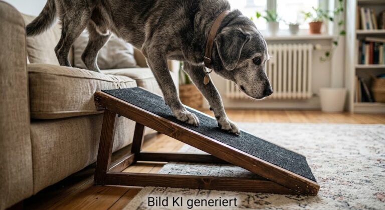 Älterer Hund läuft langsam eine Rampe vom Sofa hinunter