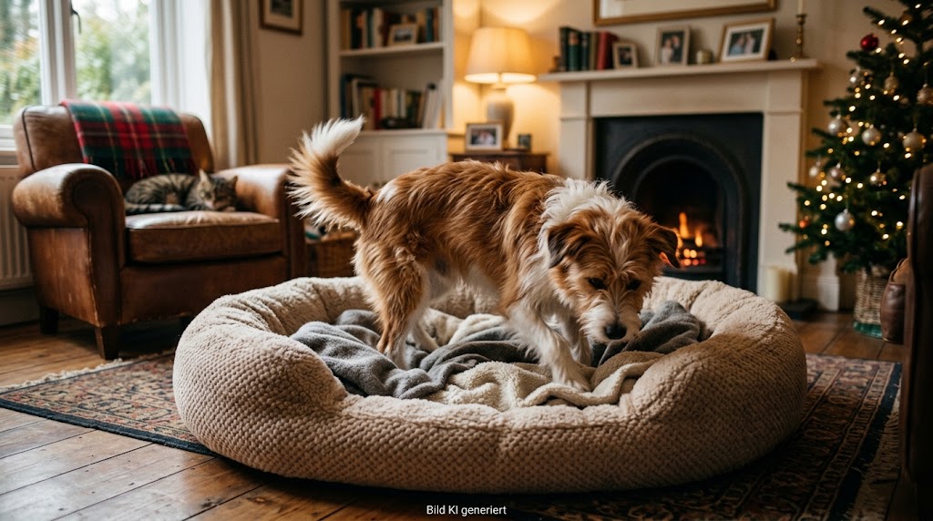 Ein Hund legt sich die Decke im Körbchen zurecht