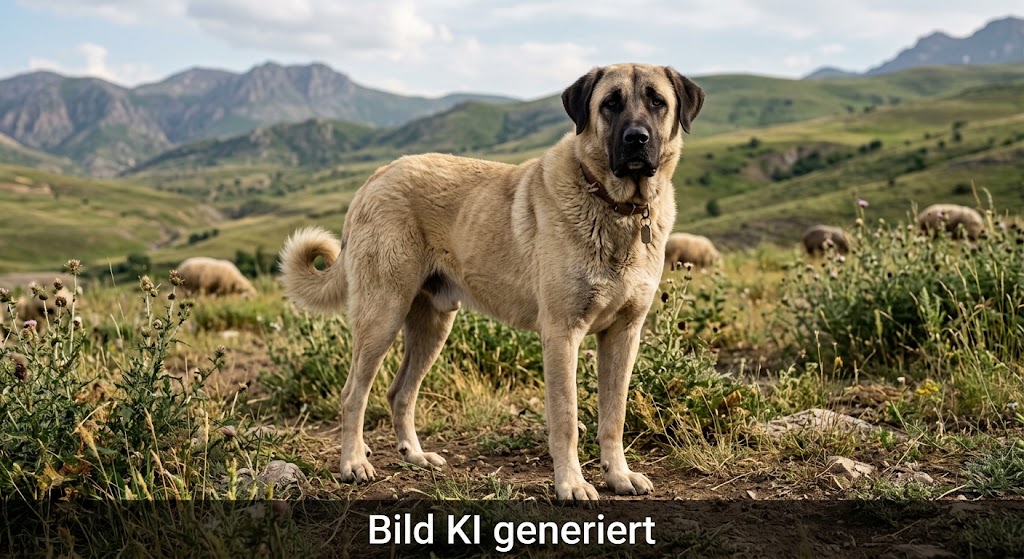 Cremefarbener Kangal mit schwarzer Maske steht auf einer Bergweide, im Hintergrund grasende Schafe