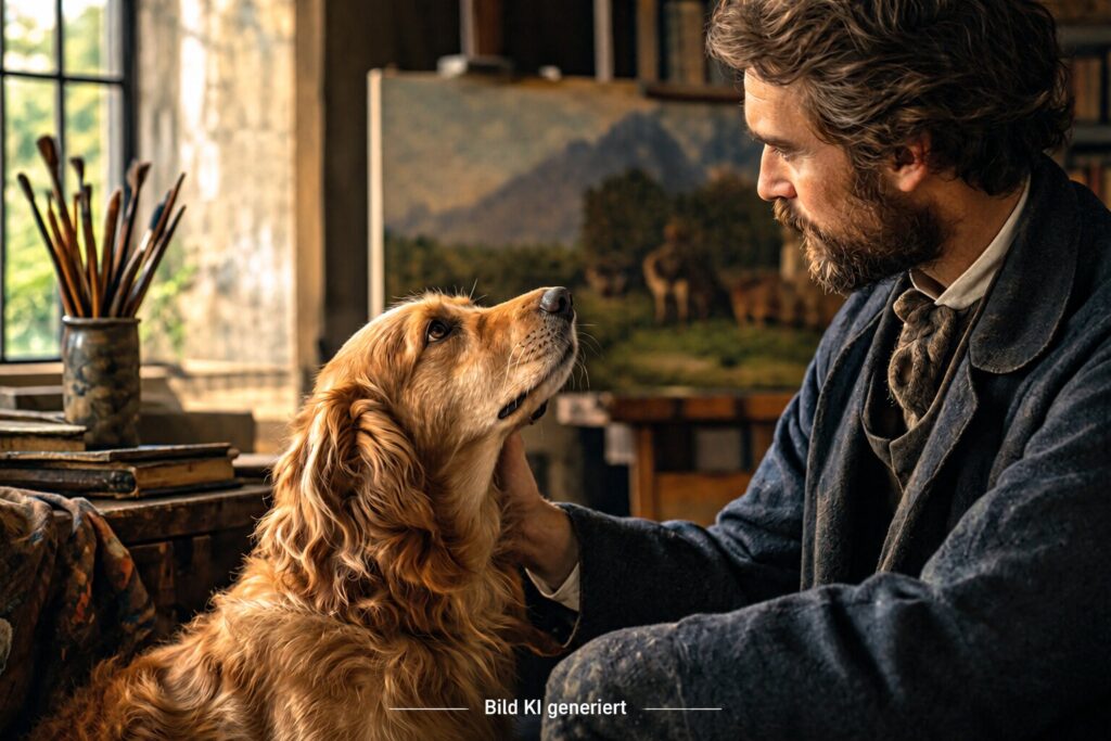 Maler und Hund im warmen Atelier