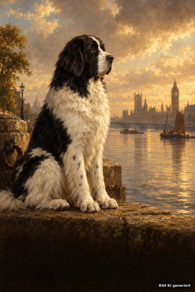 Ein viktorianisch gemalter, schwarz-weißer Landseer-Hund auf einem Steinkai an der Themse bei goldenem Abendlicht, im Stil von Landseers Tierporträts.