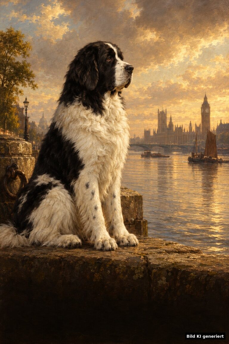 Ein viktorianisch gemalter, schwarz-weißer Landseer-Hund auf einem Steinkai an der Themse bei goldenem Abendlicht, im Stil von Landseers Tierporträts.