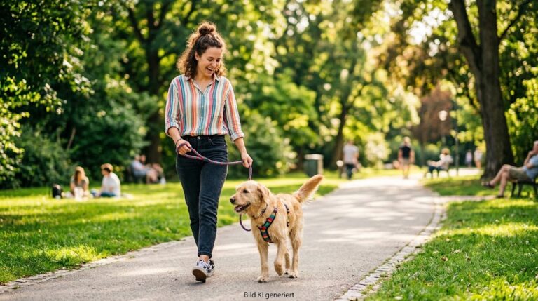 Eine Frau führt einen Hund an der Leine durch einen Park