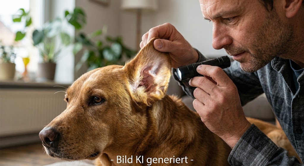 Halter leuchtet mit Taschenlampe in das äußere Ohr des Hundes zur Grannen-Kontrolle