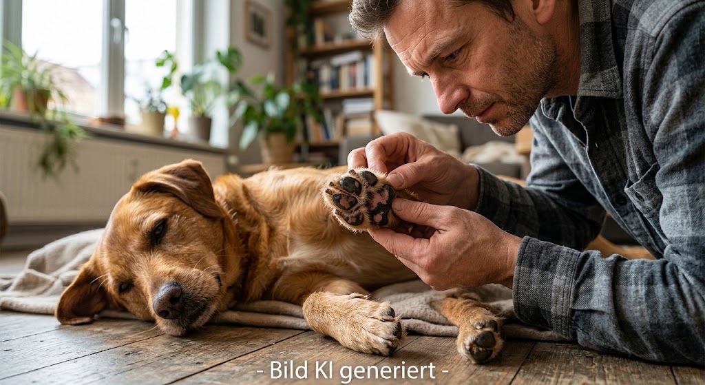 Halter kontrolliert nach einem Spaziergang die Pfoten-Zwischenräume des Hundes auf Grannen