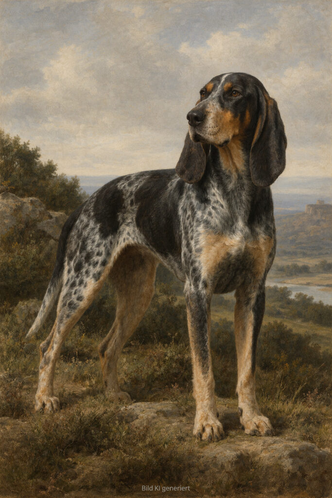 Französischer Jagdhund mit schwarz-weiß getupftem Fell und braunen Abzeichen steht aufmerksam in einer offenen Landschaft vor bewaldeten Hügeln und einem Flusstal. Darstellung als detailreiches Ölgemälde im Stil des 19. Jahrhunderts.