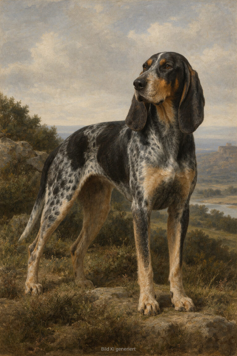 Französischer Jagdhund mit schwarz-weiß getupftem Fell und braunen Abzeichen steht aufmerksam in einer offenen Landschaft vor bewaldeten Hügeln und einem Flusstal. Darstellung als detailreiches Ölgemälde im Stil des 19. Jahrhunderts.
