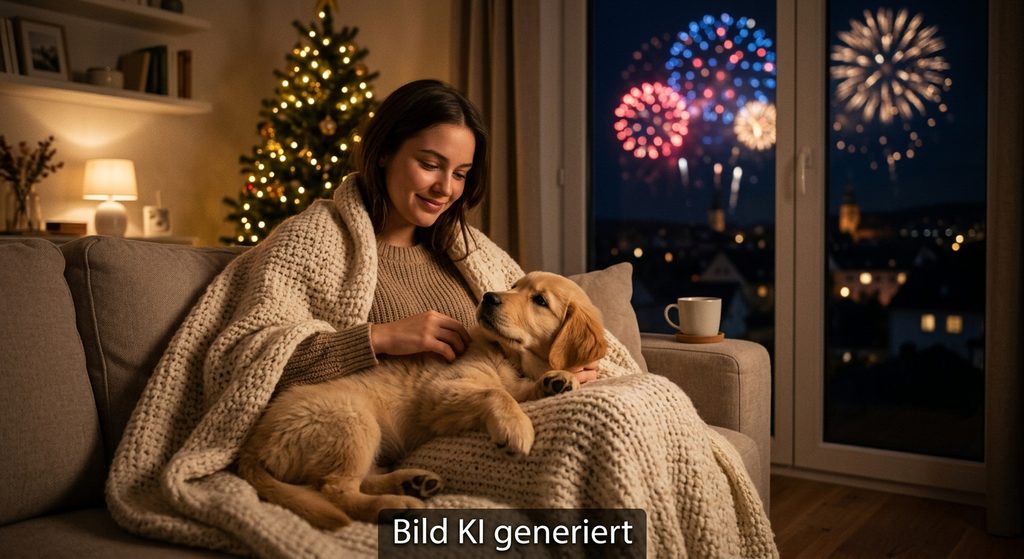 Ein junge Frau sitzt mit einem HUnd auf dem Sofa. Draußen ist ein Feierwerk zu sehen.