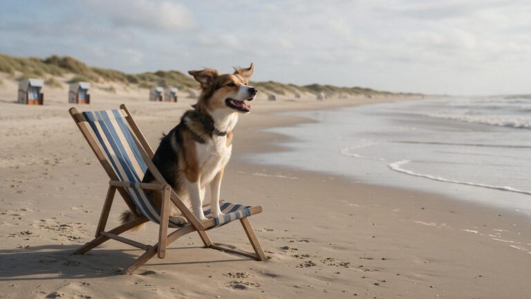 Ein Hund sitz in einem Liegestuhl am Strand von Borkum