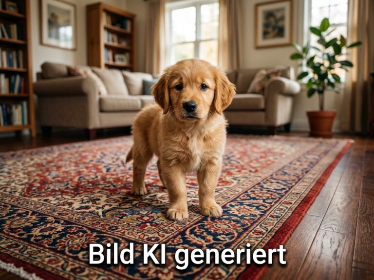 Ein Welpe steht auf einem Teppich im Wohnzimmer