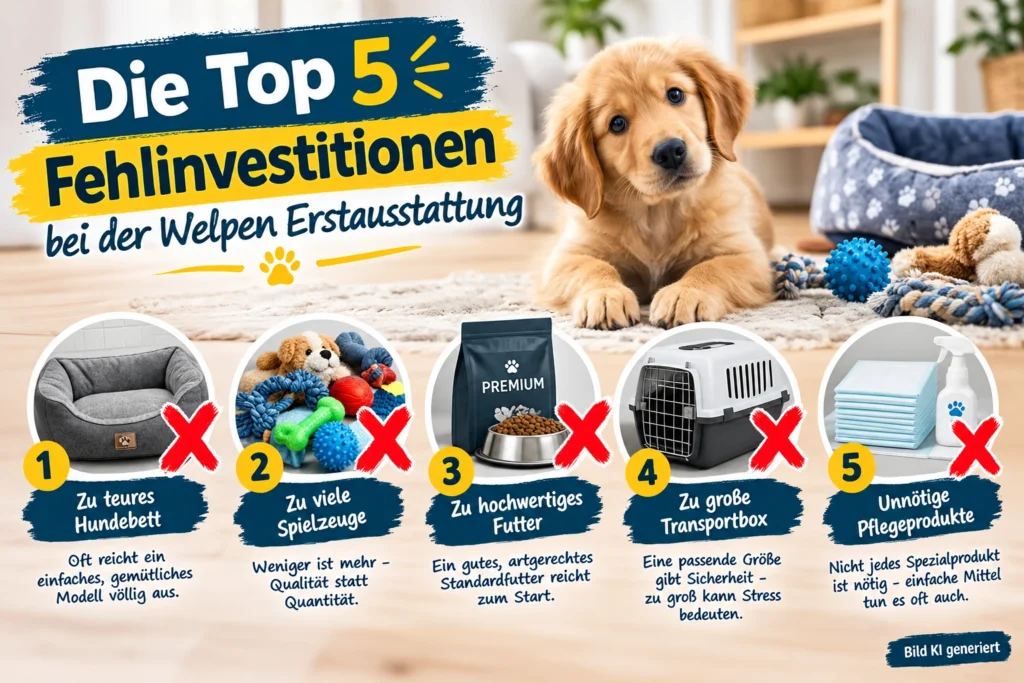 EIn Infobild zum Thema unnötige Anschaffungen für einen Welpen