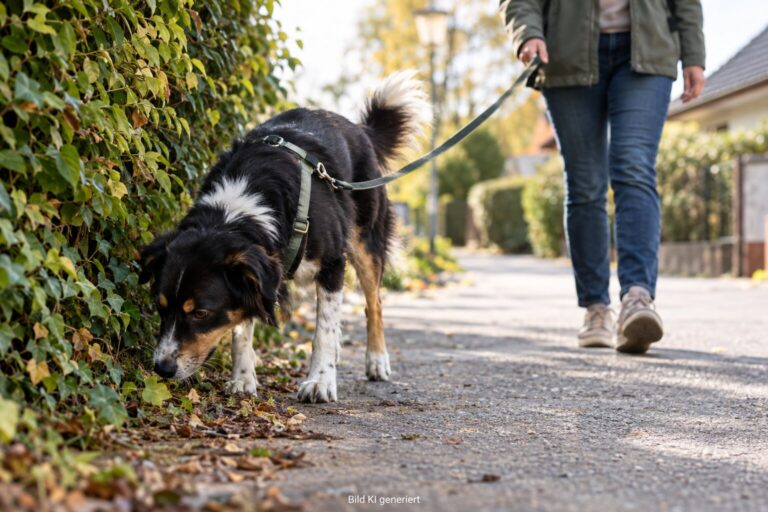 Ein Hund schnüffelt am Wegesrand
