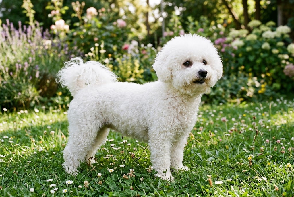 Weißer Bichon Frisé mit lockigem Fell steht auf einer Gartenwiese