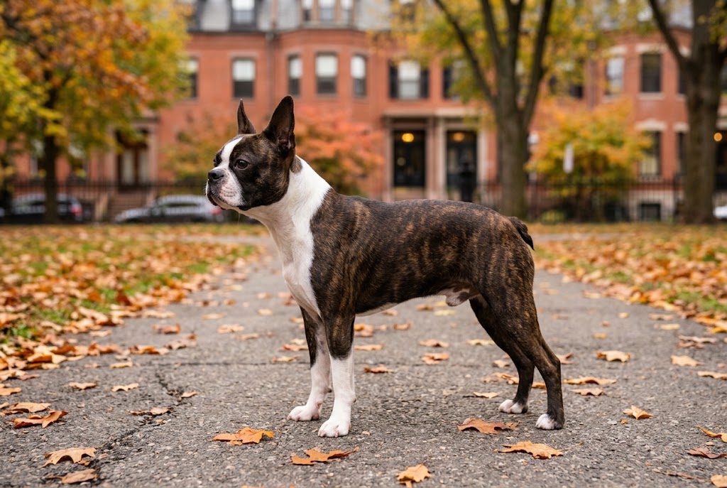 Gestromter Boston Terrier mit weißen Abzeichen steht in einem herbstlichen Park