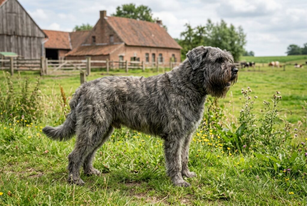 Grau gestromter Bouvier des Flandres mit Bart steht kompakt auf einem Bauernhof