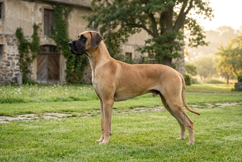 Gelbe Deutsche Dogge mit schwarzer Maske steht seitlich auf einer Wiese vor einem Gutshof