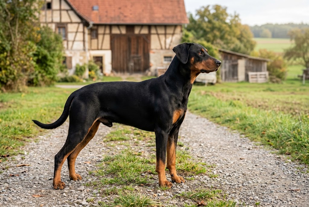 Schwarz-roter Deutscher Pinscher mit Kippohren steht seitlich auf einem Feldweg vor einem Bauernhof