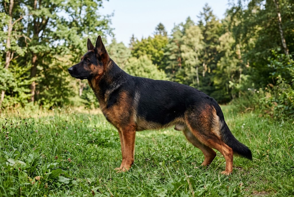 Schwarz-roter Deutscher Schäferhund mit Stockhaar steht seitlich auf einer Wiese am Waldrand