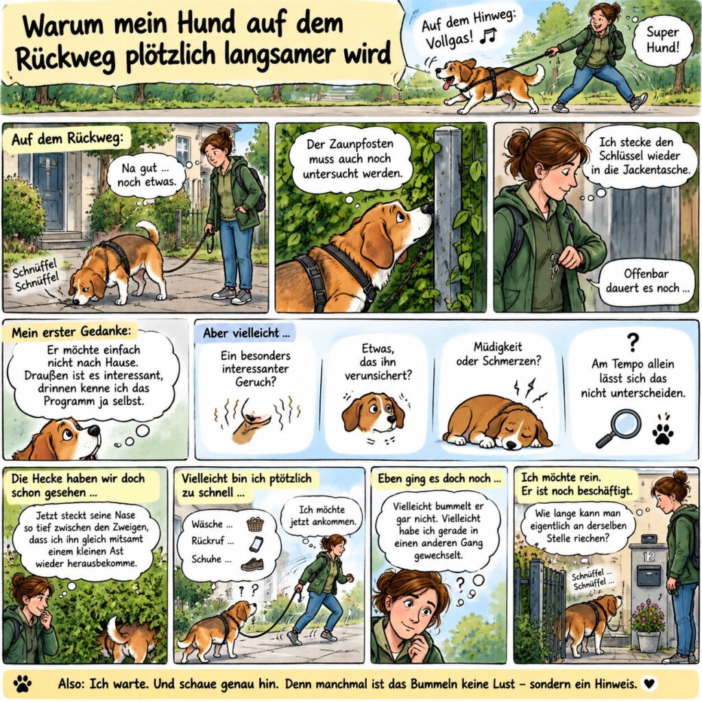 Mein Hund bummelt auf dem Heimweg.