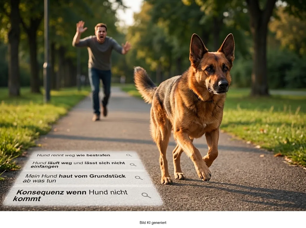 Schäferhund läuft auf einem Parkweg davon, sein Halter ruft ihm hinterher