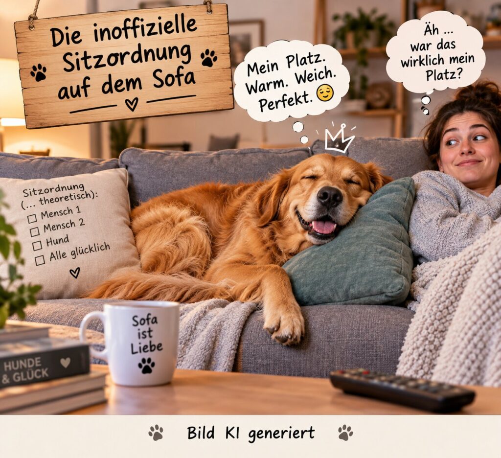 Hund liegt entspannt auf einem Sofa neben einer Decke“