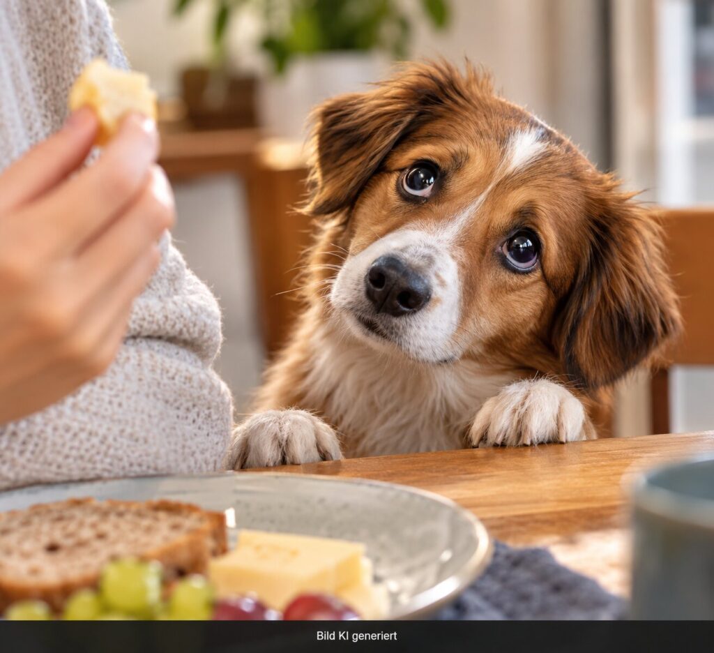EIn Hund schaut auf ein Stück Käse