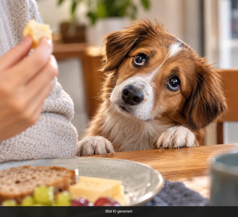 EIn Hund schaut auf ein Stück Käse