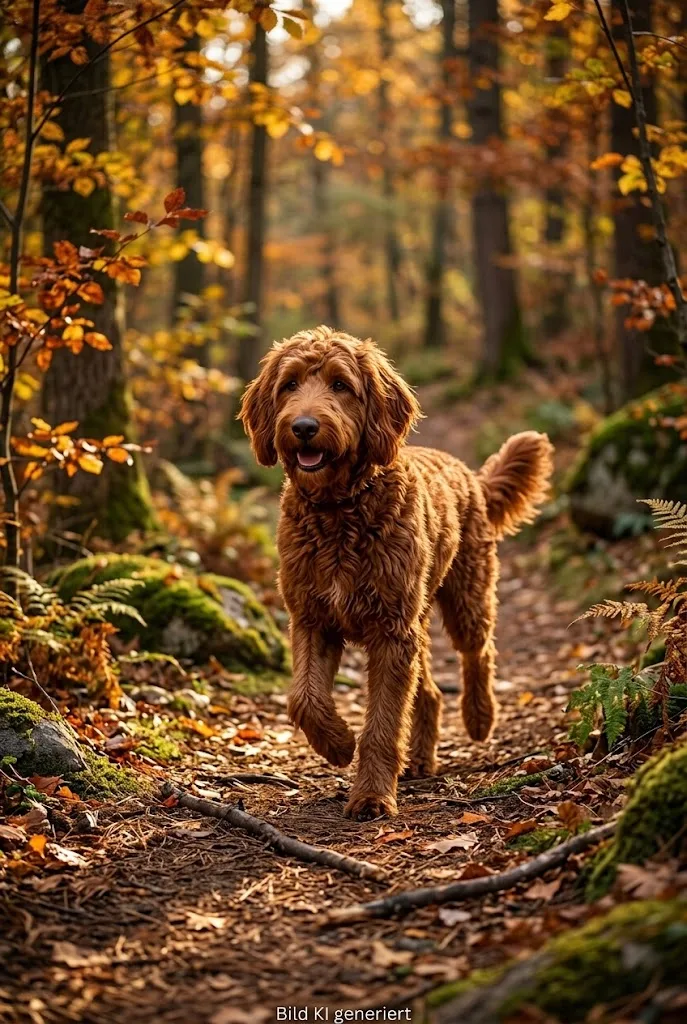 Irish Doodle mit welligem rotem Fell auf einem Waldweg im Herbst