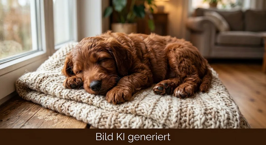 Irish-Doodle-Welpe mit lockigem rotem Fell schläft auf einer Strickdecke