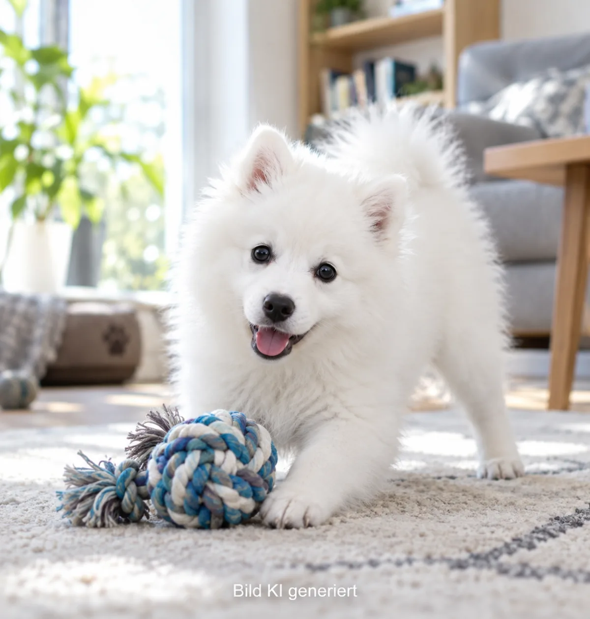 Japan-Spitz-Welpe spielt im Wohnzimmer mit einem Seilknoten