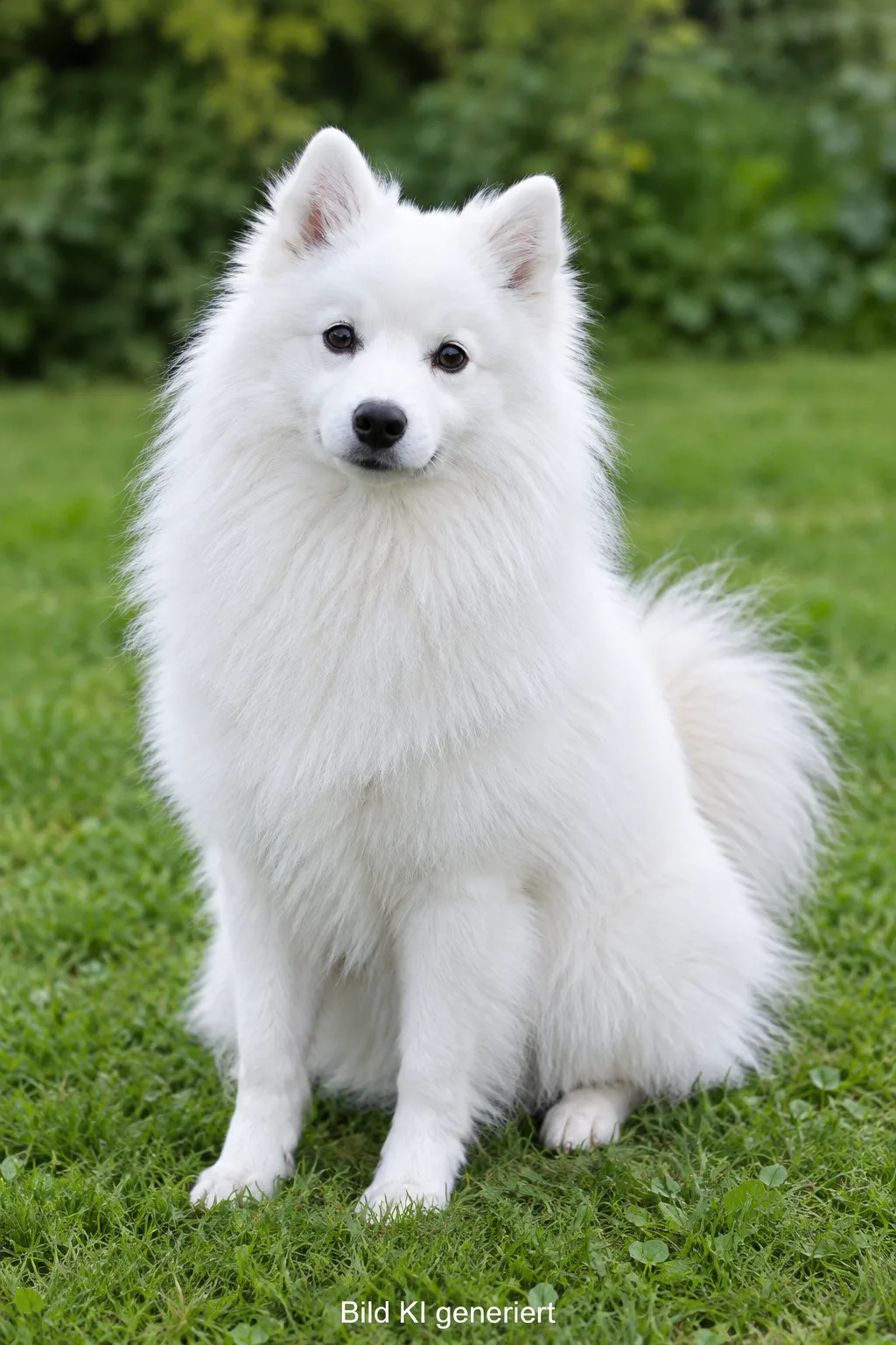 Weißer Japan Spitz sitzt auf einer Wiese