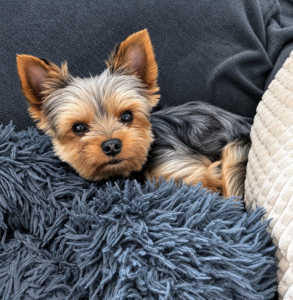 Unser Yorkshire Terrier liegt gemütlich auf dem Sofa