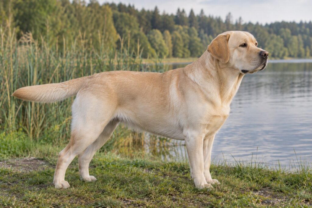 Gelber Labrador Retriever mit kurzem, dichtem Fell steht seitlich am Ufer eines Sees